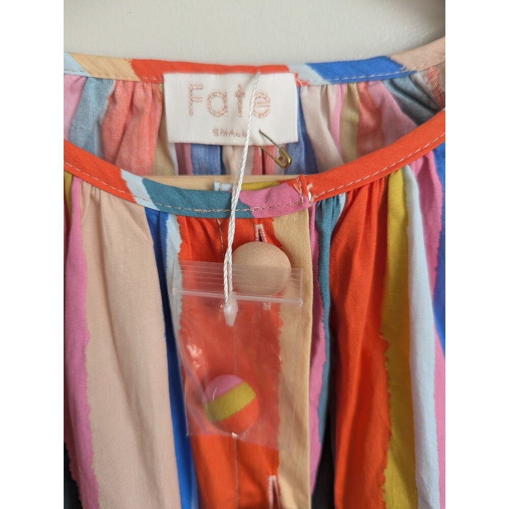 FATE Rainbow Stripe Balloon Sleeve A-line Dress Cotton Mini S Colorful Boho Fun - Picture 8 of 14